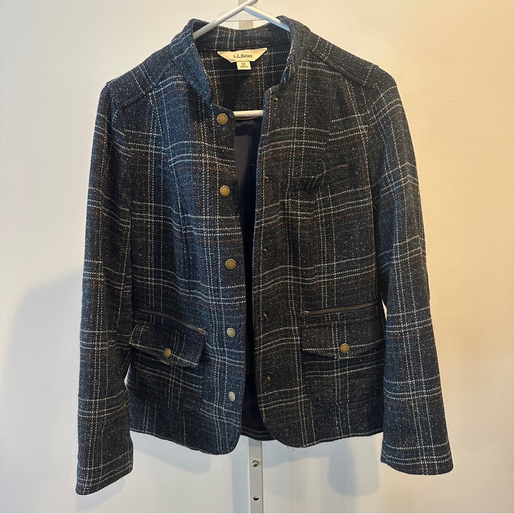 L.L. Bean Women's Navy, Brown, Teal Plaid Blazer XS Elbow Patches